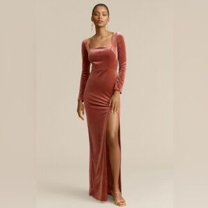 Jenny Yoo Rachel Square-Neck Long-Sleeve Side-Slit Stretch Velvet Gown